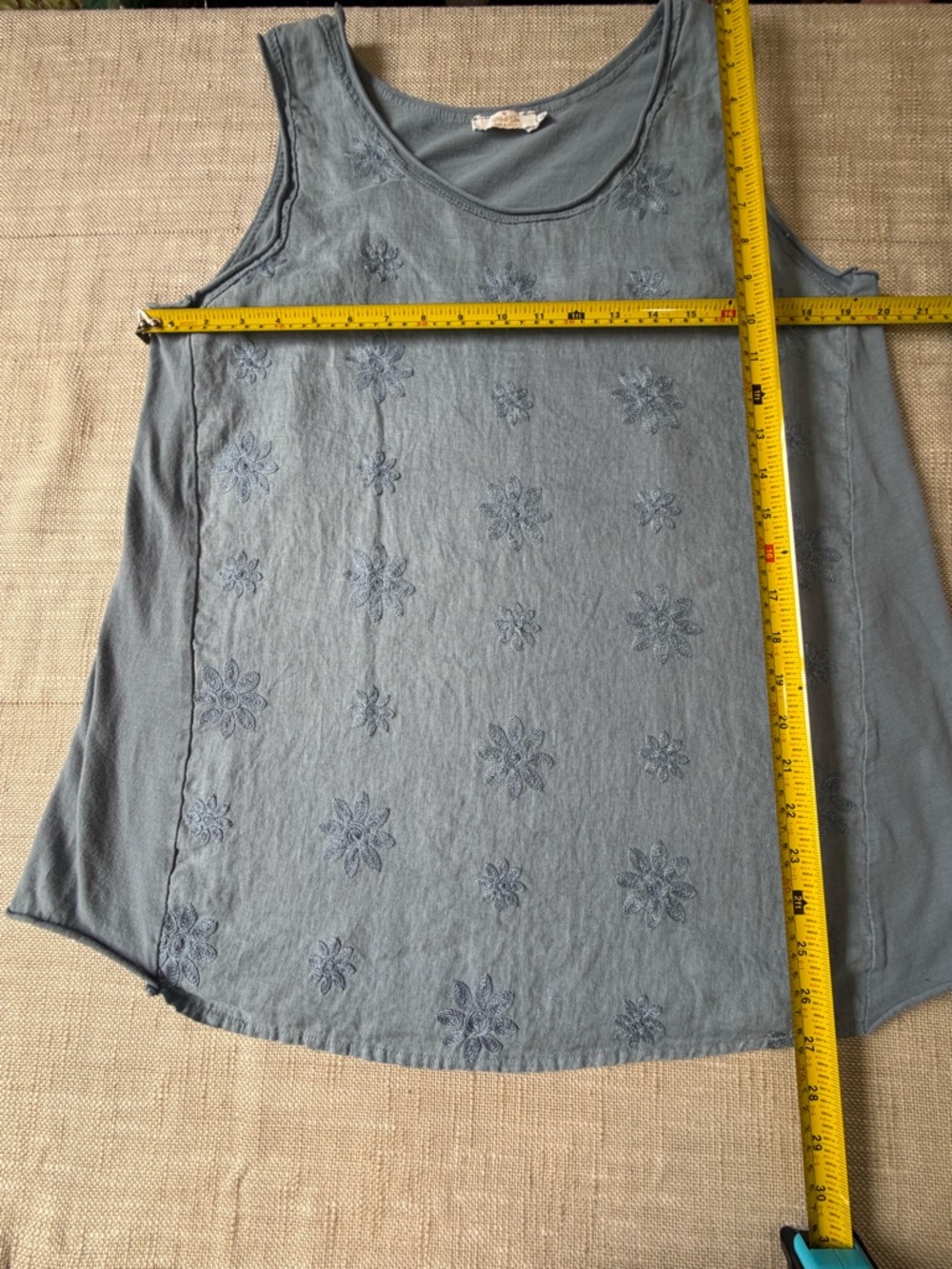 Italian Linen Cotton Blend Blue Floral Embroidery Boho Sleeveless Top-Sz-XL - Picture 14 of 16